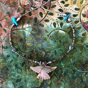 Mother-of-Pearl Bird Pendant Necklace w/ Turquoise